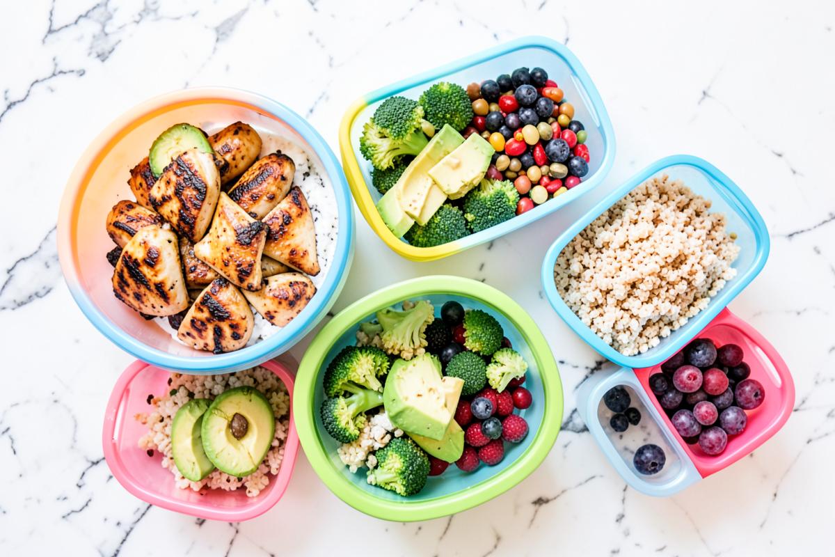 Colorful healthy meal prep containers