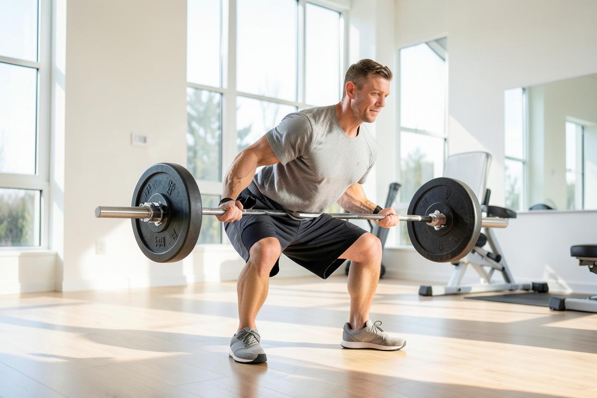 Person performing a barbell squat in a bright gym